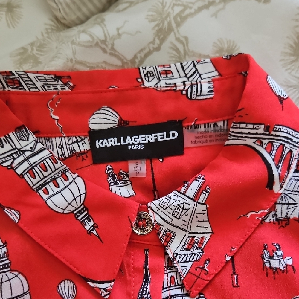 Karl Lagerfeld Red and White Architectural Print Blouse
